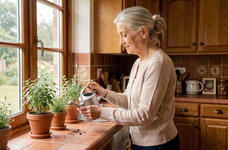Femme âgée autonome arrosant ses plantes dans sa cuisine aménagée pour bien vieillir chez soi