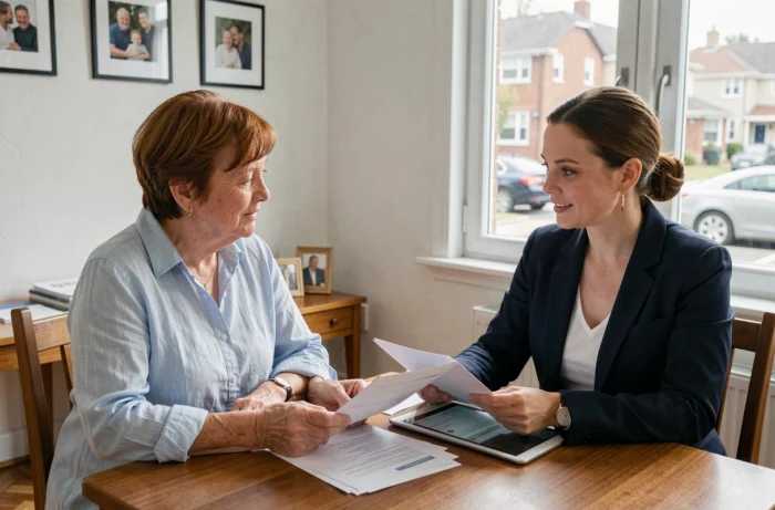 Senior et conseillère en aide à domicile discutant des solutions pour bien vieillir chez soi