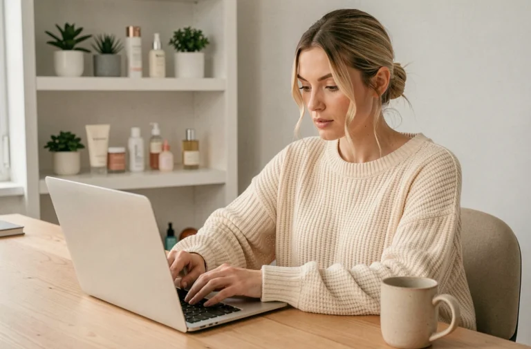 Femme parcourant des produits de beauté en ligne sur un ordinateur portable dans un bureau scandinave cosy