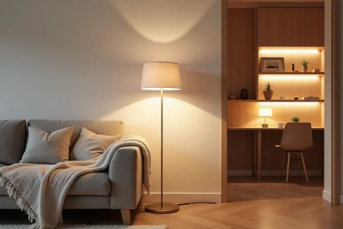 Salon avec plusieurs sources lumineuses basses et intermédiaires pour illuminer uniformément une pièce sombre