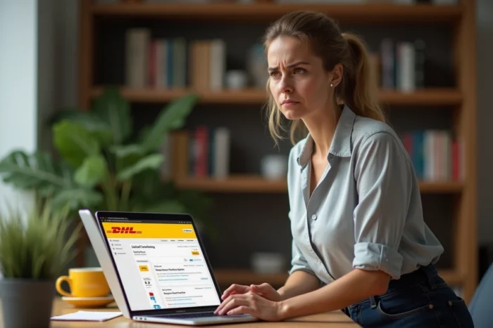 Femme consultant le suivi d'un colis DHL retardé sur son ordinateur portable, représentant l'impact d'une grève sur les délais de livraison entre la France et l'Allemagne