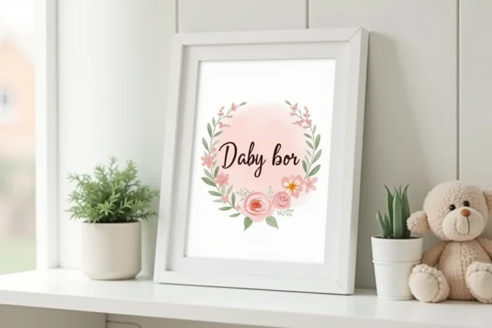 Tableau personnalisé à l'aquarelle encadré avec prénom en lettres fleuries et motif ange en tons pastel sur étagère de chambre bébé