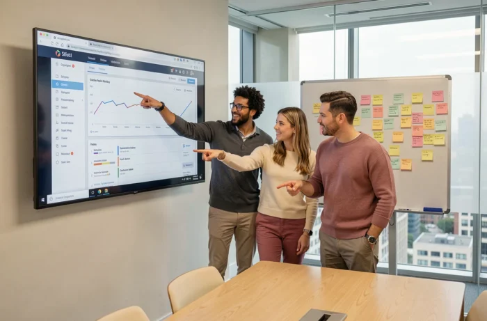 Équipe de professionnels discutant des nouvelles tendances web autour d'un tableau de bord analytique en salle de réunion