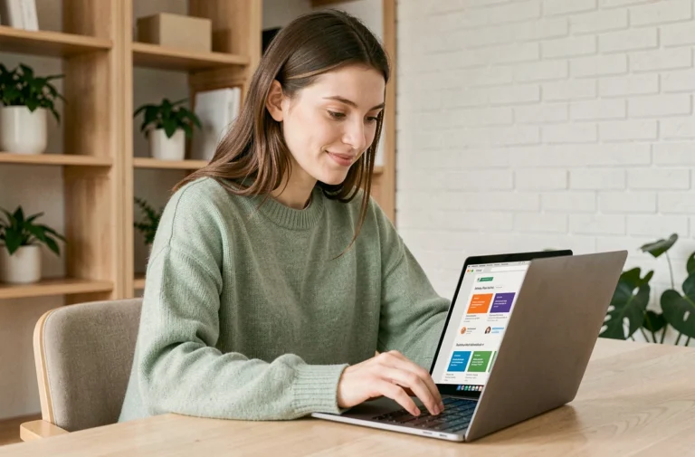 Jeune femme explorant les dernières tendances du web sur un ordinateur portable dans un bureau minimaliste moderne