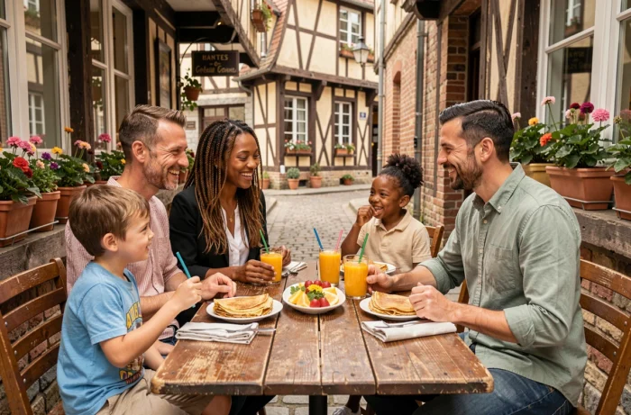 Famille attablée en terrasse dans le quartier Bouffay à Nantes partageant des crêpes