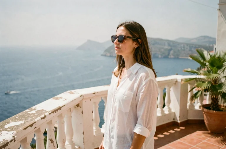Jeune femme contemplative sur une terrasse méditerranéenne à Ibiza, évoquant l'ambiance de la série White Lines
