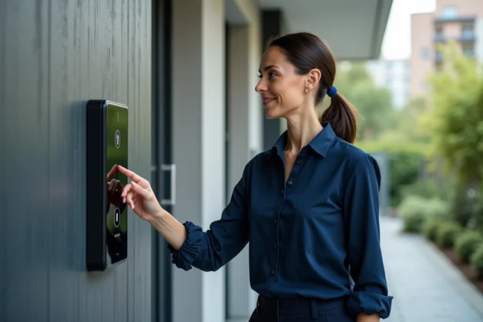 Femme testant un interphone vidéo à l'entrée d'un immeuble résidentiel moderne pour vérifier la qualité audio