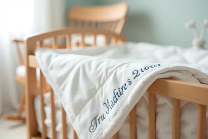 Couverture blanche en coton avec prénom et date de naissance brodés à la main en fil bleu sur berceau en bois