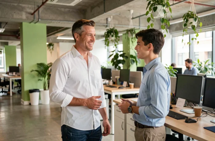 Leader inspirant Thibault Richelme échangeant avec un collaborateur dans un open space moderne, symbolisant un management de proximité et les secrets d'un leadership efficace