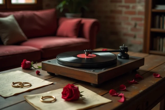 Tourne-disque vintage avec un vinyle en rotation et une rose rouge, évoquant la musique et les émotions de What's Love Got to Do with It de Tina Turner