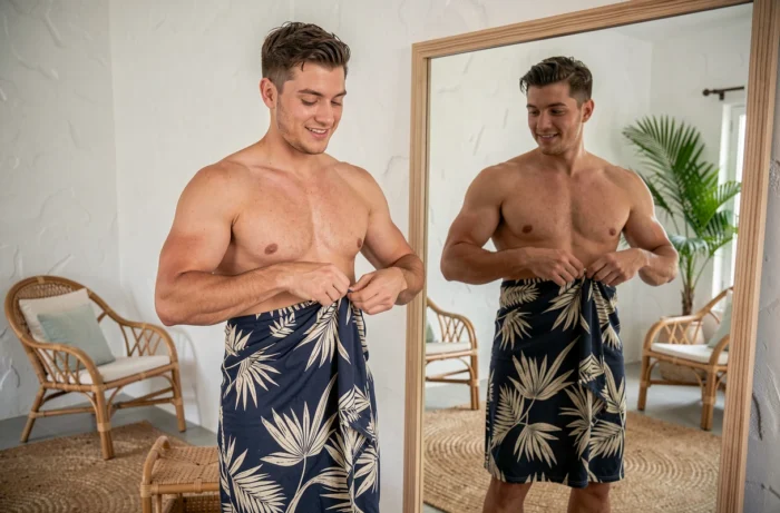 Jeune homme nouant un paréo marine devant un miroir en pied dans une chambre de vacances lumineuse, vue tutoriel