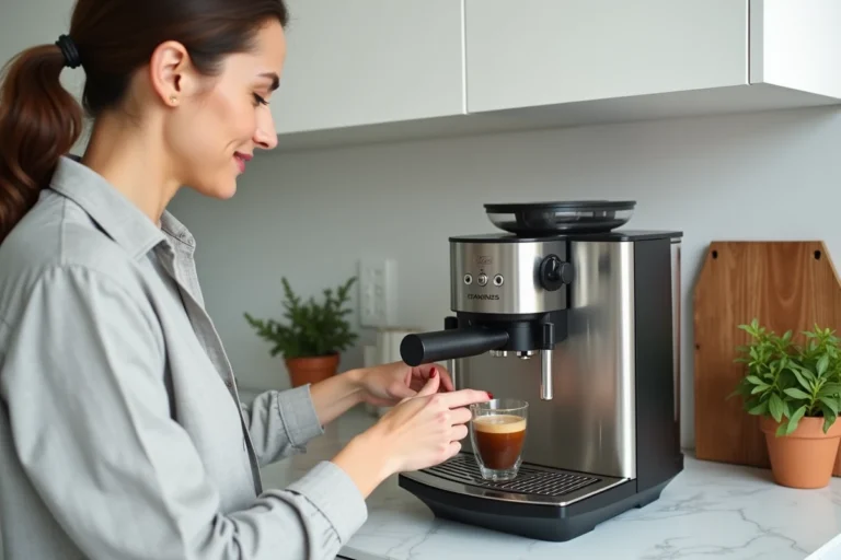 Femme utilisant la machine à café Saeco Picobaristo Deluxe sur un comptoir en marbre blanc dans une cuisine moderne