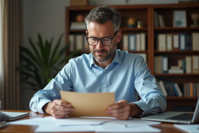 Homme vérifiant l'authenticité d'un courrier administratif reçu à son bureau à domicile