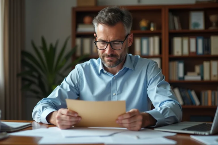 Homme vérifiant l'authenticité d'un courrier administratif reçu à son bureau à domicile