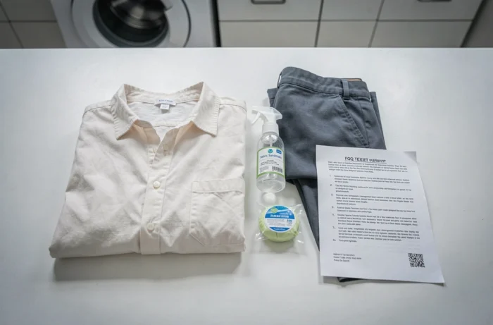 Vêtements de seconde main posés avec produits de désinfection textile sur une table, hygiène et MST vêtements usagés