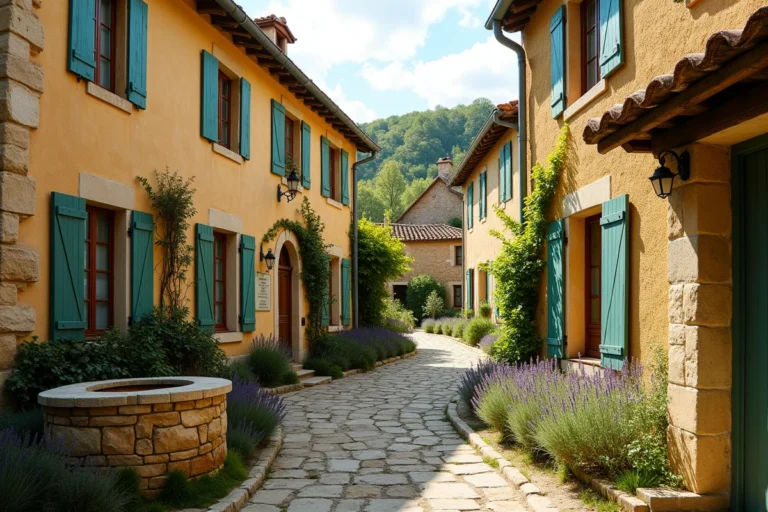 Rue pittoresque du village de Saignac en Dordogne avec des maisons en pierre dorée et des volets colorés