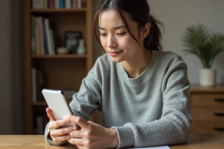 Jeune femme consultant ses demandes envoyées sur Instagram via son smartphone dans un bureau à domicile