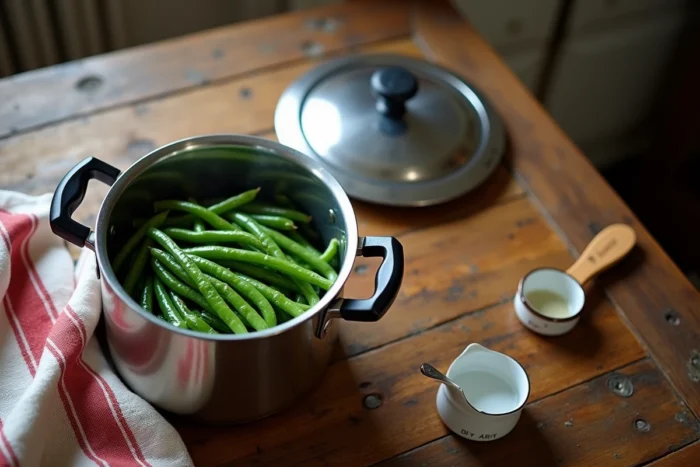 Vue de dessus d'une cocotte minute ouverte contenant des haricots verts réchauffés sur une table en bois rustique