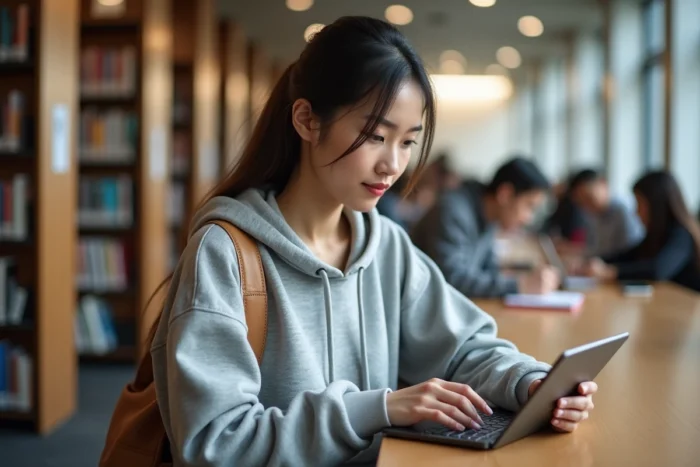 Étudiante consultant son webmail académique Nancy Metz sur tablette dans une bibliothèque universitaire